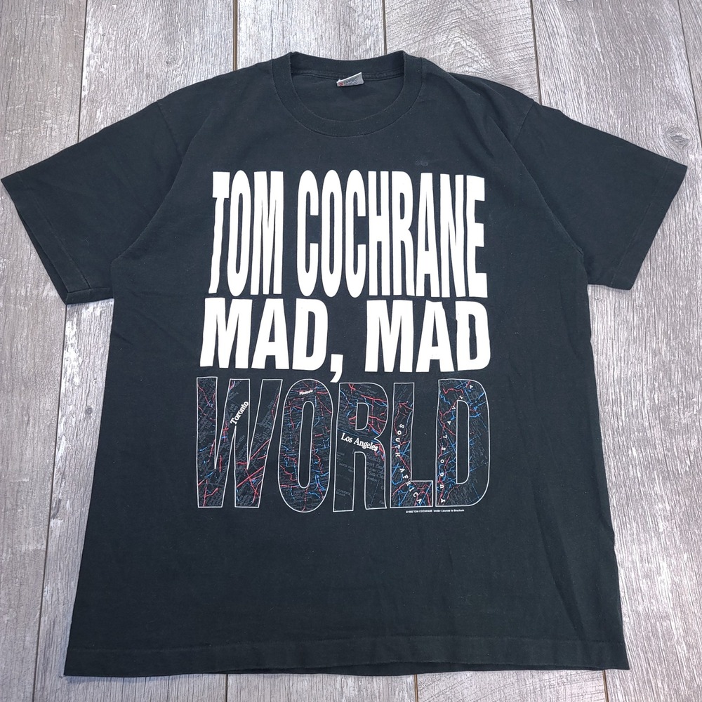 Vintage Tom Cochrane 1992 Canadian Tour T-Shirt Mens XL Black Mad Mad World